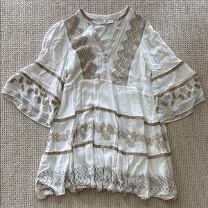 🤍🌴 Hale Bob White Gauze Gold Embroidered Tunic Dress Medium